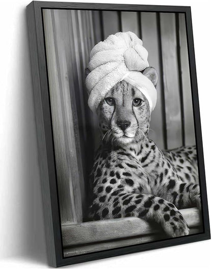 Framed Cheetah Bathroom Canvas Wall Art Trendy Black and White Leopard Painting Picture Wall Decor Poster Print Artwork for Bedroom Living Room Apartment Home Decoration