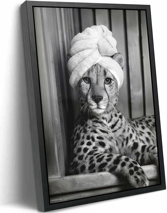 Framed Cheetah Bathroom Canvas Wall Art Trendy Black and White Leopard Painting Picture Wall Decor Poster Print Artwork for Bedroom Living Room Apartment Home Decoration