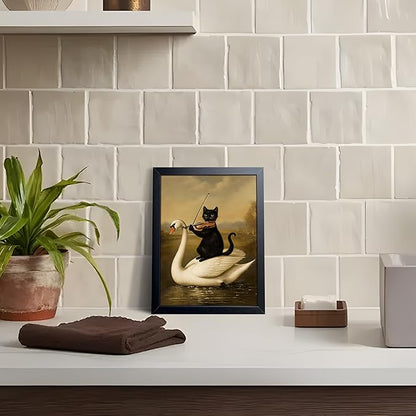 Funny Cat Wall Art Painting, Vintage Black Cat Playing Violin on Swan Wall Decor, Whimsical Animal Canvas Poster Print Picture for Bathroom Bedroom Apartment Decor 8x10 Inch Framed