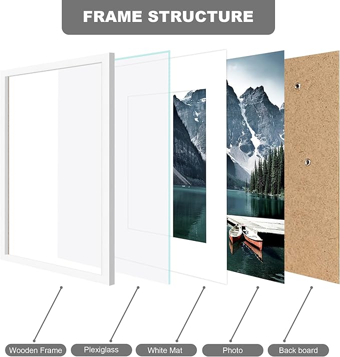 Hongkee 11x17 Picture Frame Set of 3 - Display 8x12 Photo with Mat or 11 x 17 Poster without Mat, Wall Mounting Horizontal and Vertical, White