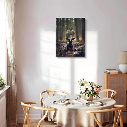 Jesus and Lamb Wall Art Jesus Running After Lost Lamb Picture Wall Art Christian Inspirational sheep of god Wall Decor god Saves the amb a lost sheep for Living Room Bedroom Church（12x16in Canvas）