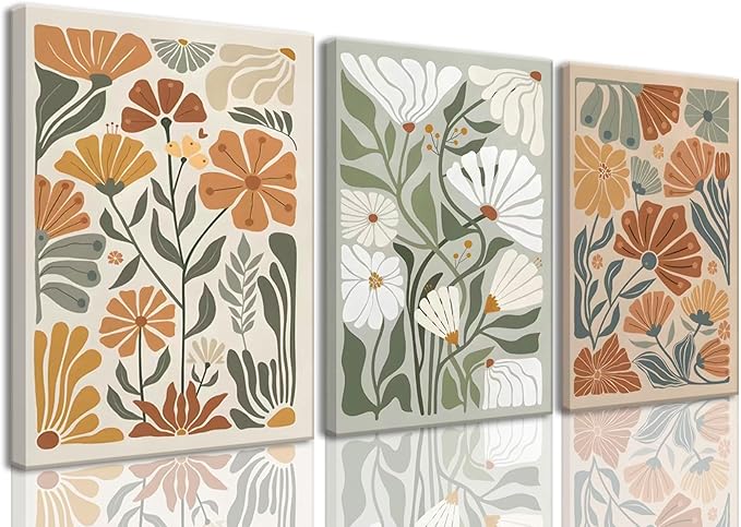 KISSFOX 3 Piece Framed Wall Art Floral Wall Decor Flower Canvas Art Green Beige Yellow Pictures Abstract Paintings Boho Prints Modern Artwork For Bedroom Bathroom Living Room