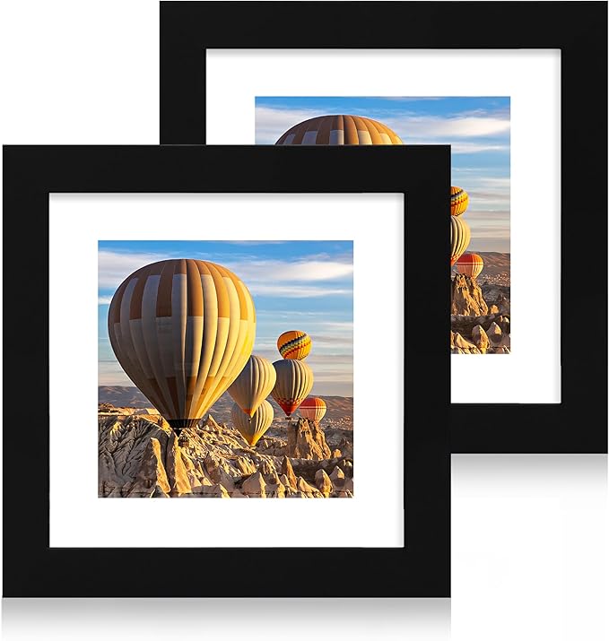 iRahmen 8x8 Picture Frame with Mat 6x6 - High Definition Real Glass Wooden Photo Frames for Tabletop Display and Wall Mounting (Pure Black, Set of 2)