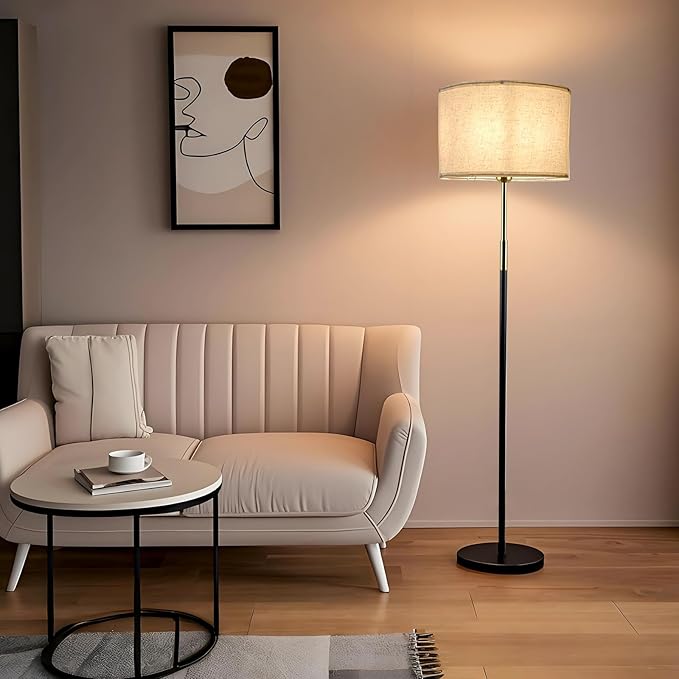 Lightdot 60IN LED Floor Lamp for Living Room, Mid Century Floor Lamps with 2 Color(Off-White, Red-Brown) Fabric Shades, Industrial Floor Lamps, Standing Tall Lamp for Bedroom, Home Office-Black