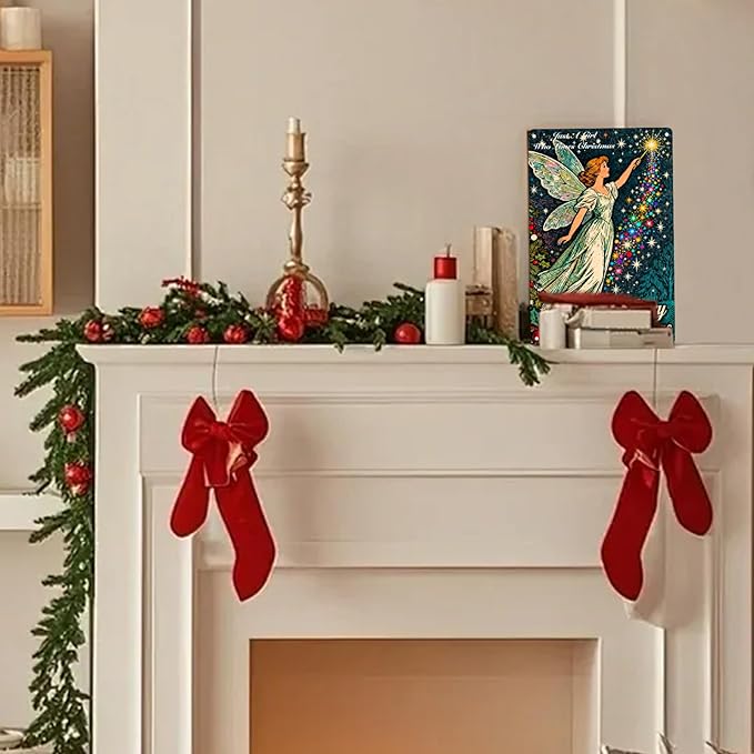 Vintage Christmas Metal Decorations Outdoor/Indoor - 12x8 Inches Retro Fairy & Rainbow Star Tree Sign Wall/Door for Home Kitchen Holiday Gathering Spaces.