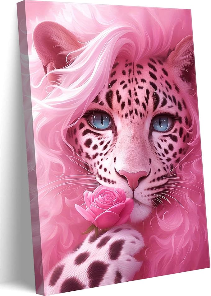 Whimsical Pink Mother Leopard Canvas Wall Art Fashionable and Beautiful Female Leopard Holding Roses Wall Decor Picture Attractive Blue Eyes Postre Print for Girls Room Preppy Dorm Artwork Decoration