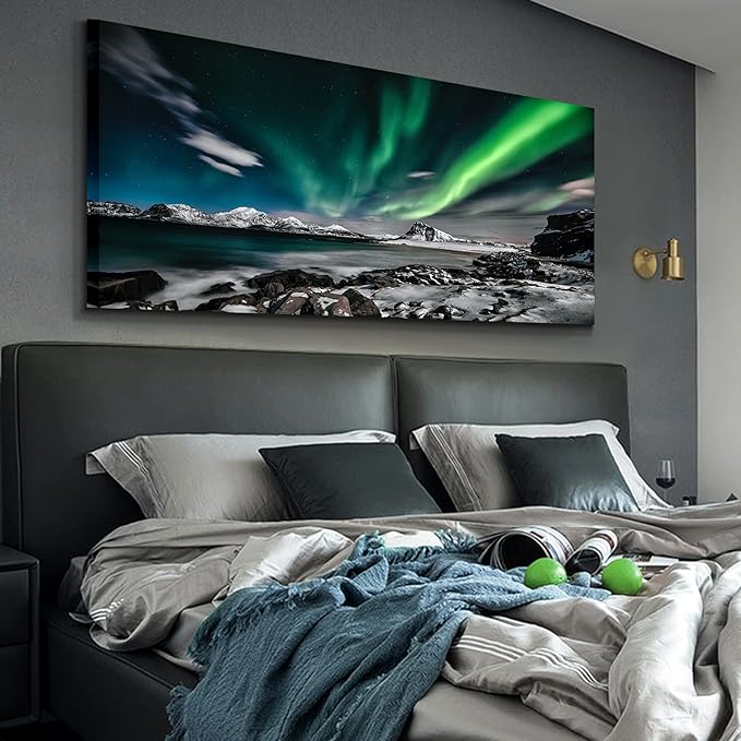 Northern Lights Canvas Print Large Green Picture Aurora Borealis Canvas Wall Art Painting for Living Room SnowyMountainsLandscape Poster Picture Wooden Framed Prints Ready to Hang