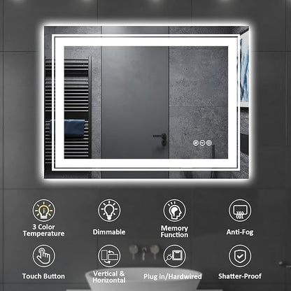 Snowdool 32" x 24" LED Bathroom Mirror with Lights, Front and Backlit Mirror, Anti-Fog Lighted Vanity Mirror, Stepless Dimmable, 3 Colors LED Mirror (Horizontal/Vertical)