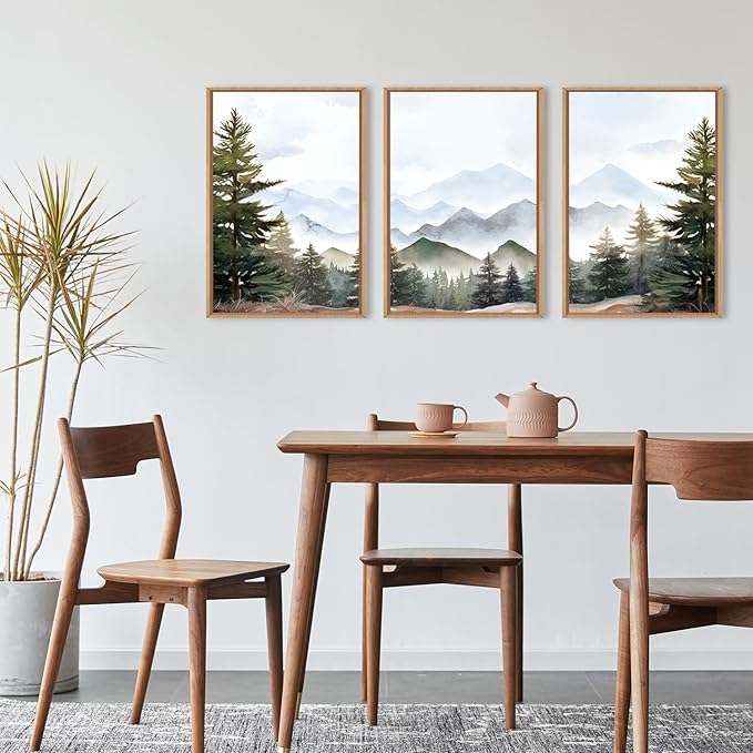 KAIRNE Misty Mountain Landscape Framed Canvas Wall Art Set, Nature Forest Wall Decor, Green Pine Tree Art Prints, Modern Foggy Woodland Artwork for Living Room,Bedroom,Farmhouse,Office-24 x36 x3