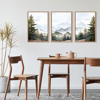 KAIRNE Misty Mountain Landscape Framed Canvas Wall Art Set, Nature Forest Wall Decor, Green Pine Tree Art Prints, Modern Foggy Woodland Artwork for Living Room,Bedroom,Farmhouse,Office-24 x36 x3