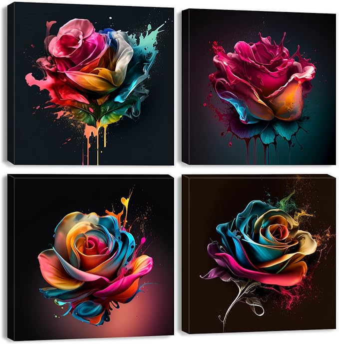 Colorful Rose Wall Art Abstract Graffiti Rainbow Flower Canvas Prints Pictures Bedroom Decor 12x12" 4 Pcs Modern Watercolor Black Background Paintings Artwork for Living Room Bathroom Home Decorations
