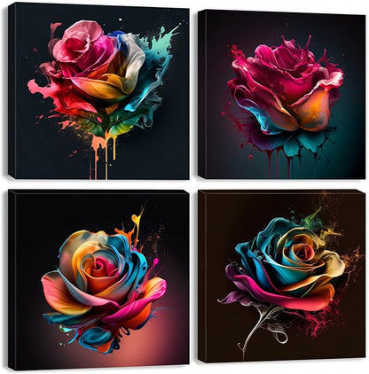 Colorful Rose Wall Art Abstract Graffiti Rainbow Flower Canvas Prints Pictures Bedroom Decor 12x12" 4 Pcs Modern Watercolor Black Background Paintings Artwork for Living Room Bathroom Home Decorations