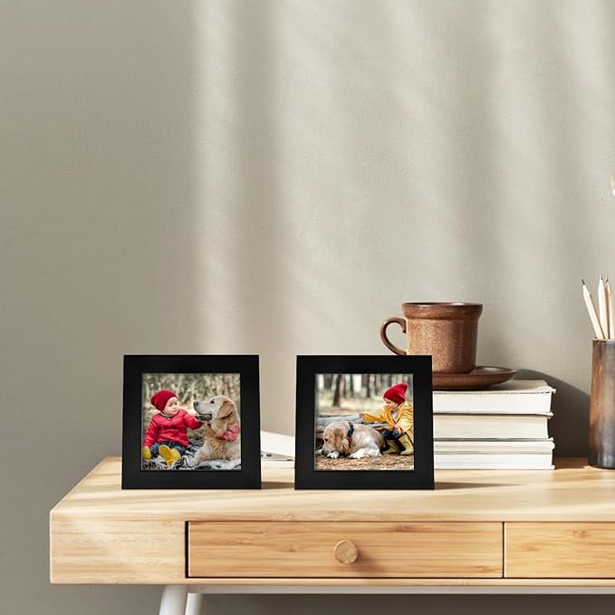 Egofine 4x4 Picture Frames Set of 4, Made of Solid Wood Covered by Plexiglass Display 4x4 for Table Top Display and Wall Mounting Photo Frame, Black