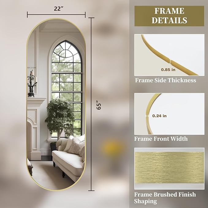Oval Full Length Mirror, 65"×22" Wall-Mounted Mirror with Gold Frame in Shiny Gold, Ultra-Clear Explosion-Proof Dressing Mirror, Simple & Classic Deco for Cloakroom/Bedroom/Living Room
