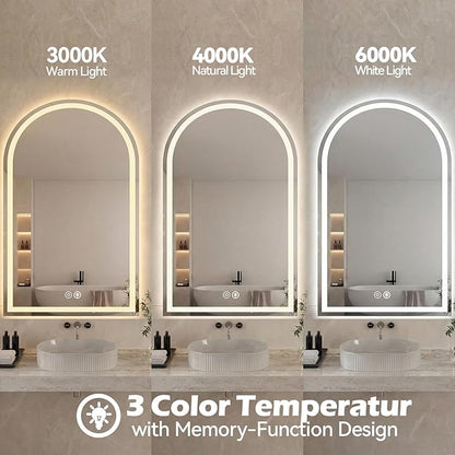 DUMOS 28"×36" LED Bathroom Mirror with Lights, Arched Vanity Mirror with Anti-Fog, Dimmable, 3-Color Light, Memory Function, Front Light and Backlit, Tempered Glass