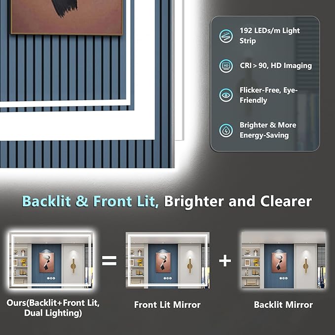 60x30 LED Bathroom Mirror with Lights, Backlit and Front Lit Anti-Fog Lighted Vanity Mirrors for Bathroom Wall, Dimmable, 3-Color Light, Memory, Shatter-Proof, HD Tempered Glass, CRI＞90