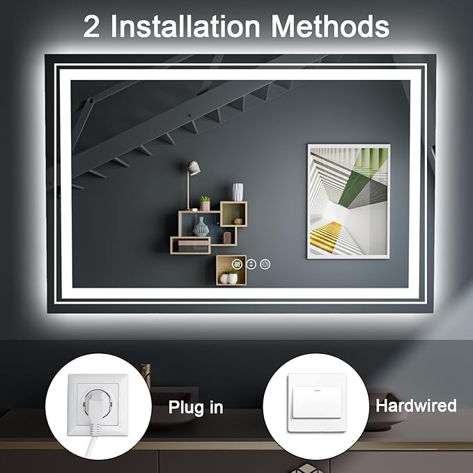 Snowdool 23x35 LED Bathroom Mirror with Front and Backlight, Dimmable Lighted Bathroom Vanity Mirror with Anti-Fog, Memory Function,Tempered Glass(Horizontal/Vertical)