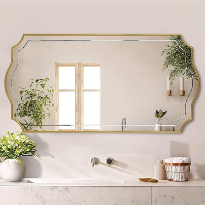 POZINO Gold Scalloped Mirror, 24"x47" Large Rectangle Aesthetic Wall Mirror with Wood Frame, Modern Elegant Wavy Mirrors for Living Room Bedroom Hallway Entryway, Horizontal or Vertical Hanging