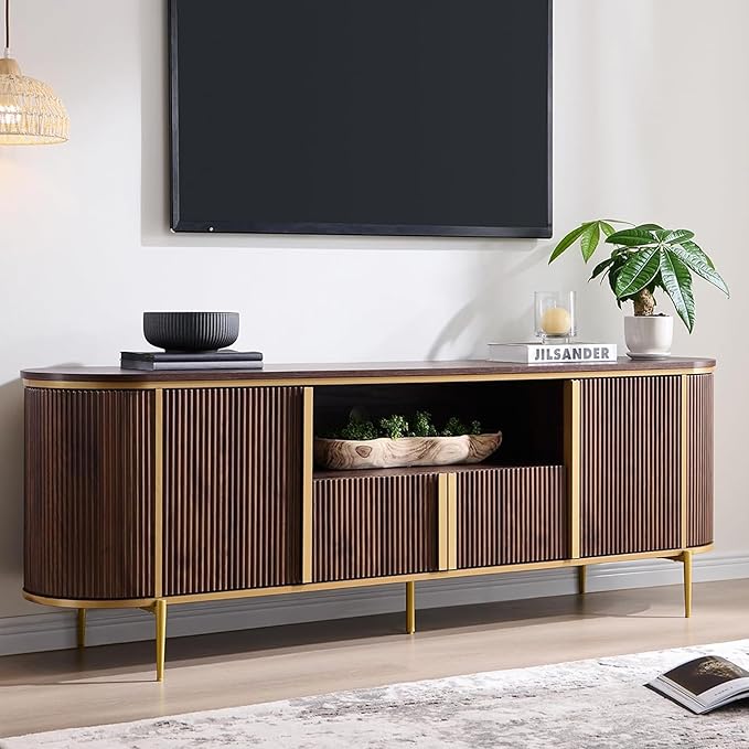 OKD Luxury 70" Fluted TV Stand, Modern Chic Entertainment Center for TVs Up to 80 inches, TV Console with Faux Marble Top, Curved Profile Design, Media Console for Living Room, (Dark Walnut)