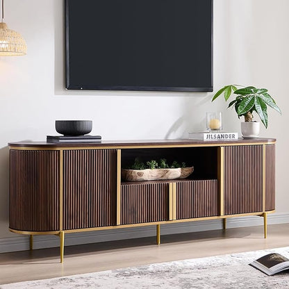 OKD Luxury 70" Fluted TV Stand, Modern Chic Entertainment Center for TVs Up to 80 inches, TV Console with Faux Marble Top, Curved Profile Design, Media Console for Living Room, (Dark Walnut)
