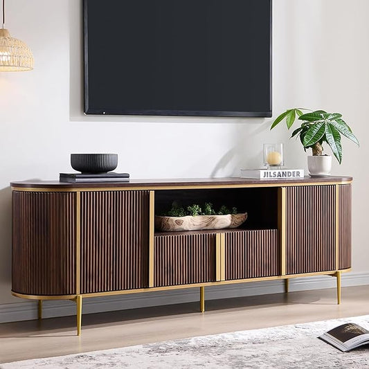 OKD Luxury 70" Fluted TV Stand, Modern Chic Entertainment Center for TVs Up to 80 inches, TV Console with Faux Marble Top, Curved Profile Design, Media Console for Living Room, (Dark Walnut)