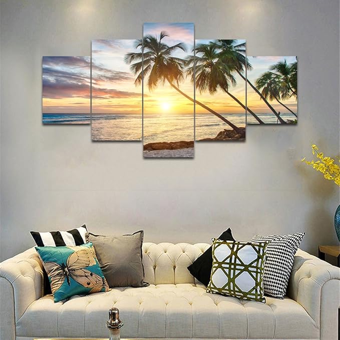 Modern Beach Painting Beautiful Large Sunset Landscape Ocean Pictures Framed Stretched for Living Room Home Decor Posters and Prints Seascape Wall Art Painting on Canvas 5 Piece(60''W x 32''H)