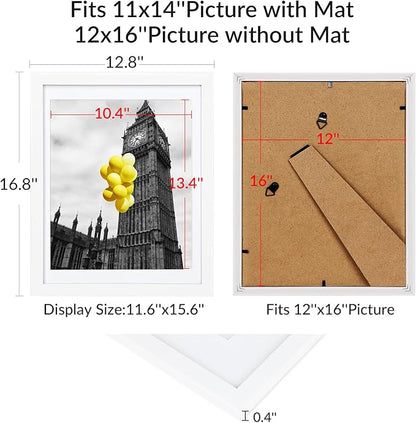 12x16 Picture Frames Set of 6 with Plexiglass, Display Pictures 11x14 with Mat or 12x16 Without Mat for Tabletop Display and Wall Mounting，White