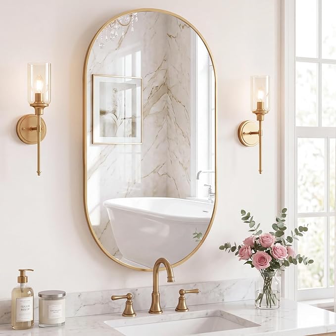 NEWBULIG 24" x 36" Oval Bathroom Mirror, Gold Wall Mirror with Metal Frame, Tempered Glass, Morden Vanity Mirror for Over Sink, Entryway, Living Room, Bedroom, Horizontal or Vertical
