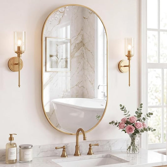 NEWBULIG 24" x 36" Oval Bathroom Mirror, Gold Wall Mirror with Metal Frame, Tempered Glass, Morden Vanity Mirror for Over Sink, Entryway, Living Room, Bedroom, Horizontal or Vertical