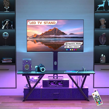 TV Stand with Swivel Mount and Power Outlet,Black Entertainment Center with LED Lights for 32-70 Inch TV, TV Console Table with Fabric Drawers Storage for Bedroom/Living Room