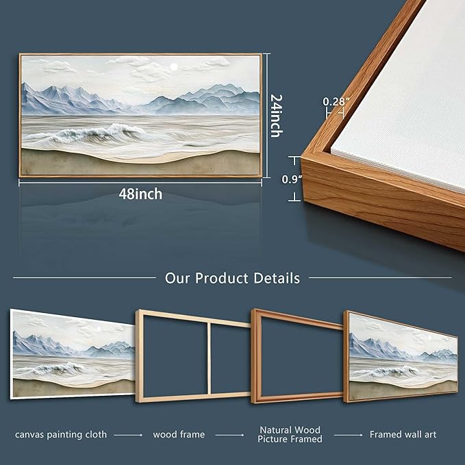Wapluam Large Framed Canavs Wall Art,Ocean Wall Decor Living Room,Beach Pictures Wall Art,Nature Rustic Coastal Landscape Mountain Painting, Above Bed Wall Art, Sea Waves Artwork for Bedroom Bathroom