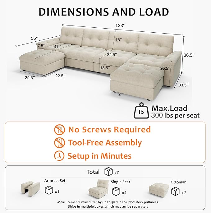 Oversized Modular Sectional Sofa with Storage, Modern Deep Seat Cloud Couch for Living Room, L-Shaped Large Sectional Couch, 4 Seater with 2 Ottomans, Beige