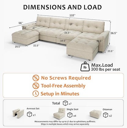 Oversized Modular Sectional Sofa with Storage, Modern Deep Seat Cloud Couch for Living Room, L-Shaped Large Sectional Couch, 4 Seater with 2 Ottomans, Beige