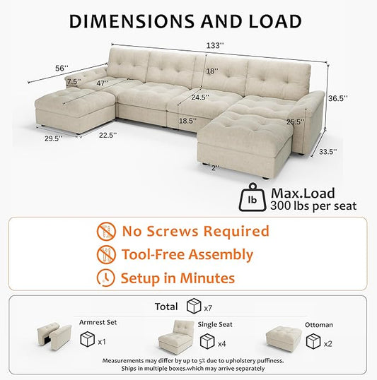 Oversized Modular Sectional Sofa with Storage, Modern Deep Seat Cloud Couch for Living Room, L-Shaped Large Sectional Couch, 4 Seater with 2 Ottomans, Beige