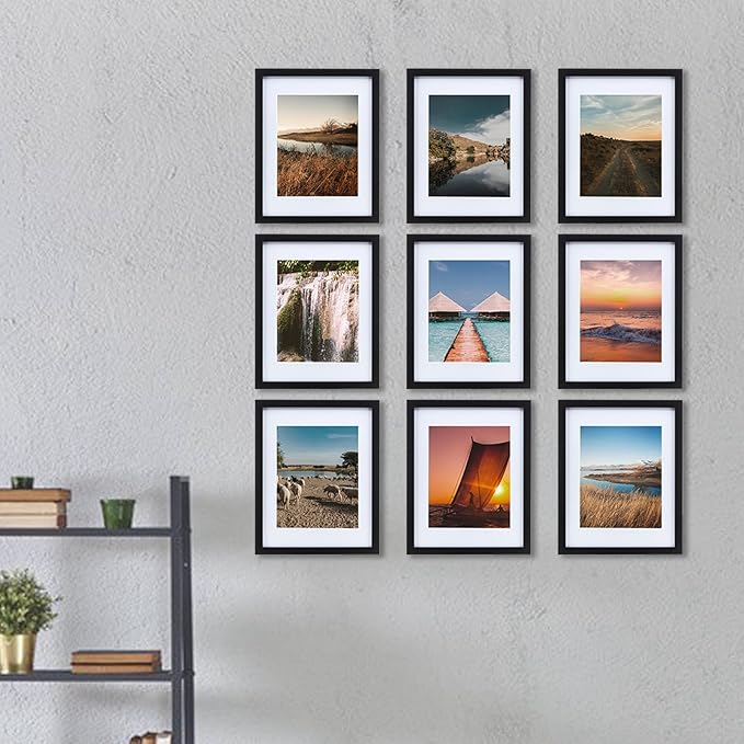 HEART ART 11x14 Picture Frame Set - 9 Frames For 8x10 Pictures, Gallery Wall Display, Black