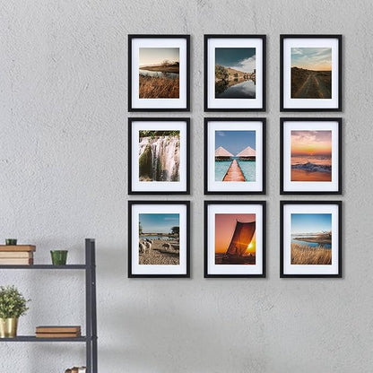 HEART ART 11x14 Picture Frame Set - 9 Frames For 8x10 Pictures, Gallery Wall Display, Black