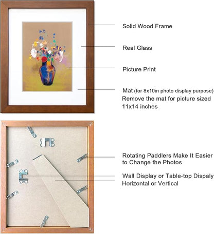 11x14 Picture Frame Set of 2 Made of Solid Wood with Real Glass for Pictures 8x10 with Mat or 11x14 Without Mat, Wall Mount or Tabletop Gallery Photo Frames, Brown