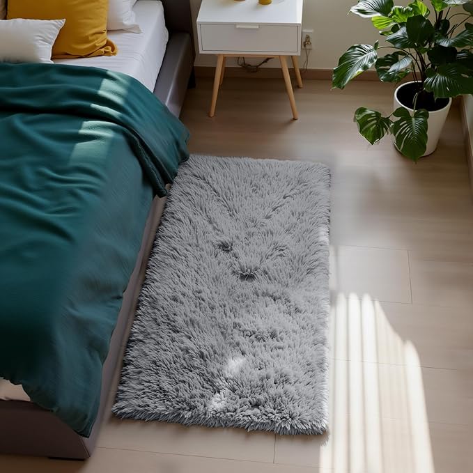 Fluffy Rug Shag Area Rug, Light Grey 2x4 Area Rugs for Bedroom, Small Bedside Rug, Soft Fluffy Shag Entryway Throw Rugs for Living Room Bedroom Kids Room Home Decor
