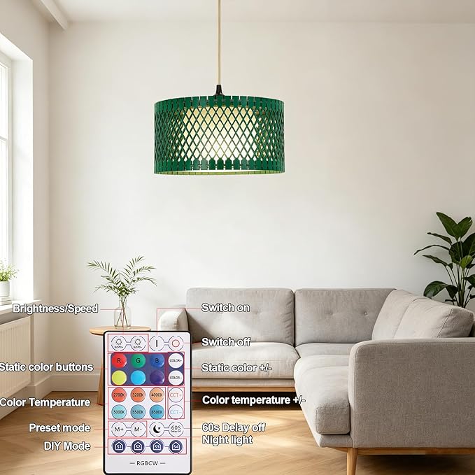 ZSLAIFU Hanging Lamp Plug in Pendant Light, 15FT Hanging Lights with Plug in Cord, Hanging Light with Bulb and Remote, Wood Shade Hanging Lamps for Bedroom, Living Room, Kitchen, Farmhouse(Green)