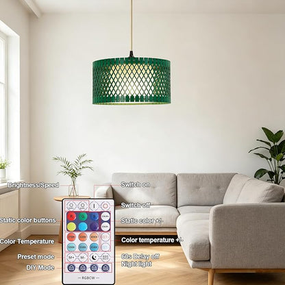 ZSLAIFU Hanging Lamp Plug in Pendant Light, 15FT Hanging Lights with Plug in Cord, Hanging Light with Bulb and Remote, Wood Shade Hanging Lamps for Bedroom, Living Room, Kitchen, Farmhouse(Green)