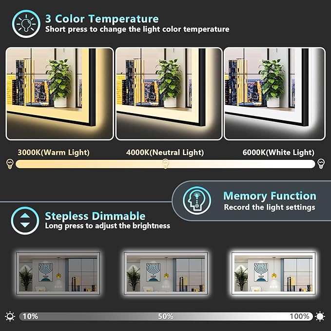 72x40 Black Framed LED Bathroom Mirror with Lights, Backlit and Front Lit Anti-Fog Lighted Vanity Mirrors for Bathroom Wall, Dimmable, 3 Colors, Memory, HD Tempered Glass, Horizontal/Vertical