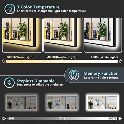 72x32 Black Framed LED Bathroom Mirror with Lights, Backlit and Front Lit Anti-Fog Lighted Vanity Mirrors for Bathroom Wall, Dimmable, 3 Colors, Memory, HD Tempered Glass, Horizontal/Vertical