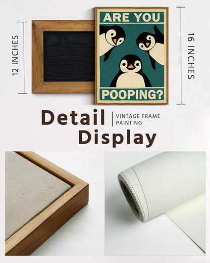 VIYYIEA Framed Canvas Wall Art Home Decor Penguin Probe Canvas Prints, Vintage Home Decoration, Animals Painting Picture, Bathroom Wall Decor Gifts for Friends or Family - 16L x 12W