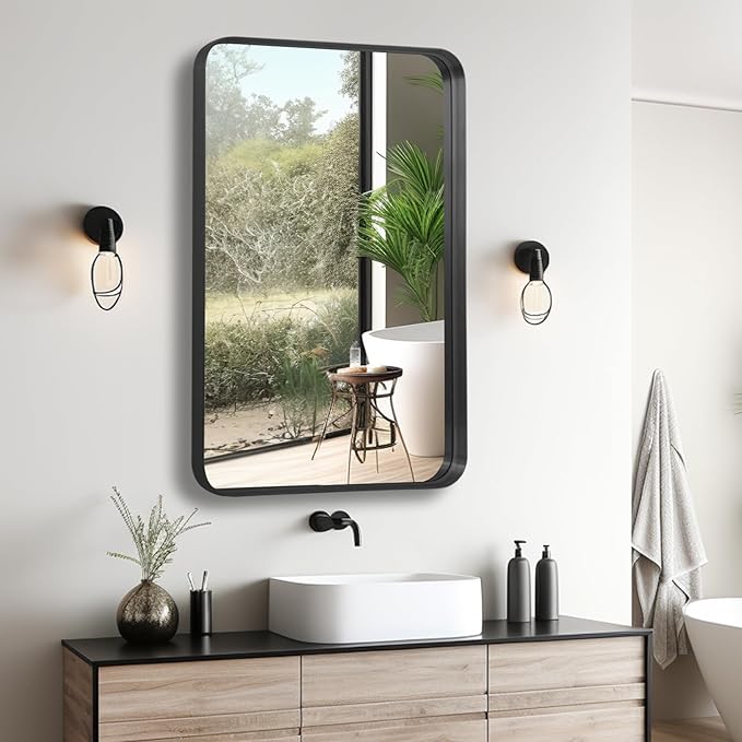 Anpark Wall Mirror 22" x 30" for Bathroom Black Metal Deep Frame Mirror for Wall Decorative Rectangular Round Corner Wall Mounted Vanity Mirror for Bedroom Entryway Living Room Wall Decor