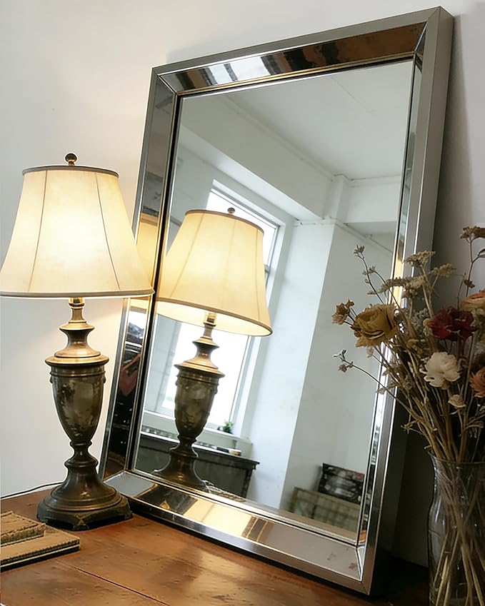 Chende 33"x49" Angled Retangular Decorative Wall Mirror with 2" Stainless Steel Frame, Modern Large Elegant Mirror for Living Room, Dining Room, Entrance, Bedroom Decor, Unique