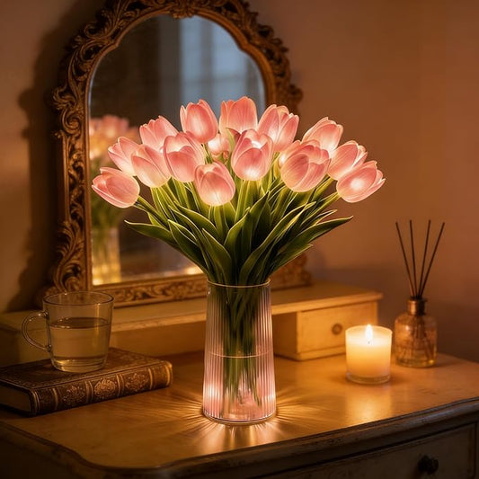 Radiant Romantic Tulip Light with a Vase, 15 PCS Twinkling Tree Tulips Led Night Light that Never Fade, Flower Shaped Ambient Night Lamp for Bedroom Bedside Decor & Gift (Pink)