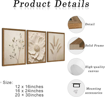 JLTULT 3 Piece Framed Neutral Beige Floral Canvas Wall Art, Modern Simple Texture Blossom Wall Decor, Vintage Botanical Flower Art Prints for Living Room Bedroom Farmhouse 20x30 inch Ready to Hang