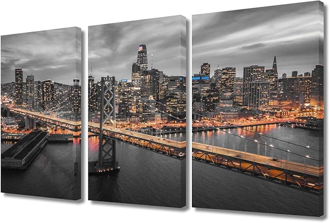 TUMOVO San Francisco and the Bay Bridge at Night Wall Art City Skyline Skyscrapers Pictures Bathroom Decor Wall Art 3 Panel Contemporary Home Decor Print on Canvas Framed Ready to Hang (36" Wx24 H)