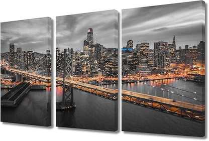TUMOVO San Francisco and the Bay Bridge at Night Wall Art City Skyline Skyscrapers Pictures Bathroom Decor Wall Art 3 Panel Contemporary Home Decor Print on Canvas Framed Ready to Hang (36" Wx24 H)
