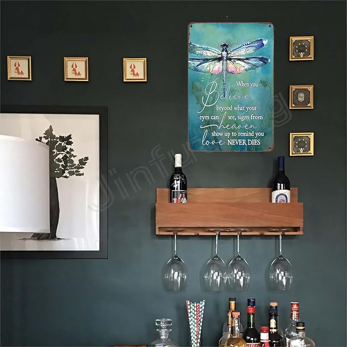 Motivational Dragonfly Metal Sign - When You Believe Beyond What Your Eyes Can See, Dragonfly Wall Art for Office Home Patio and Porch Decor 8X12 Inch